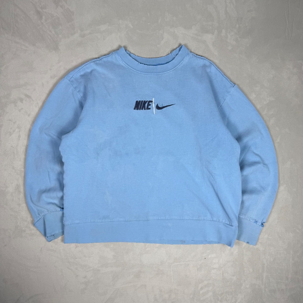 Y2K Womens Nike Split Logo Distressed Crewneck Sweatshirt Light Blue Large
